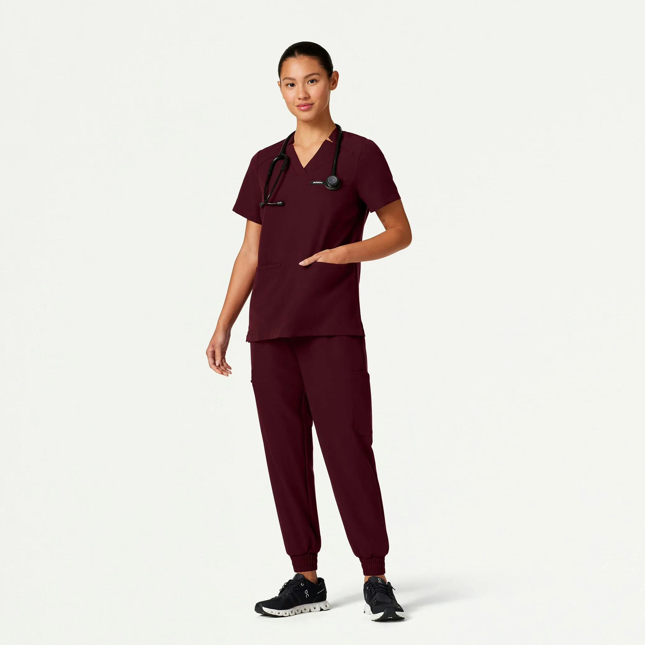 Helia Notched V-Neck Scrub Top - Burgundy - Image 2