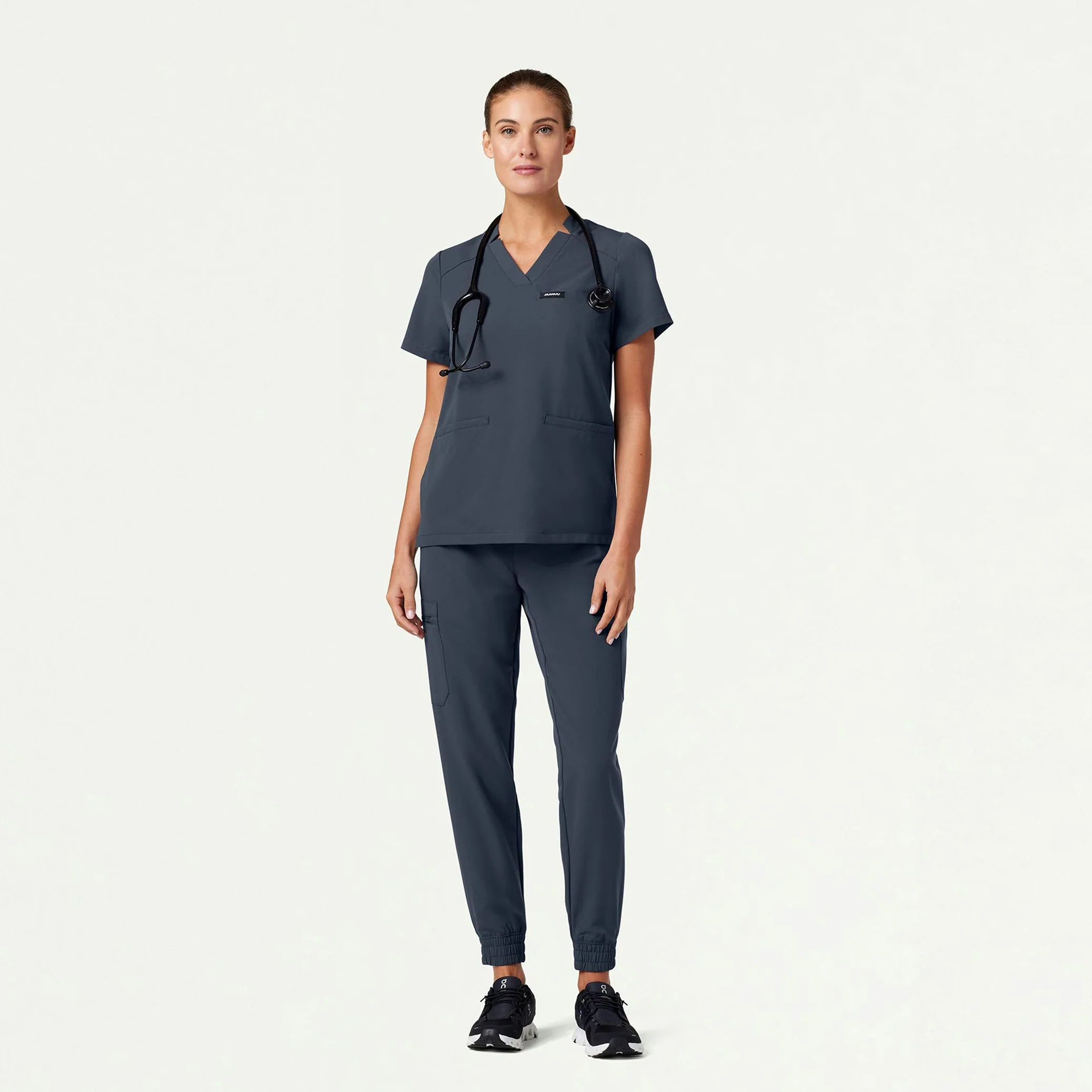 Helia Notched V-Neck Scrub Top - Carbon Gray - Image 2