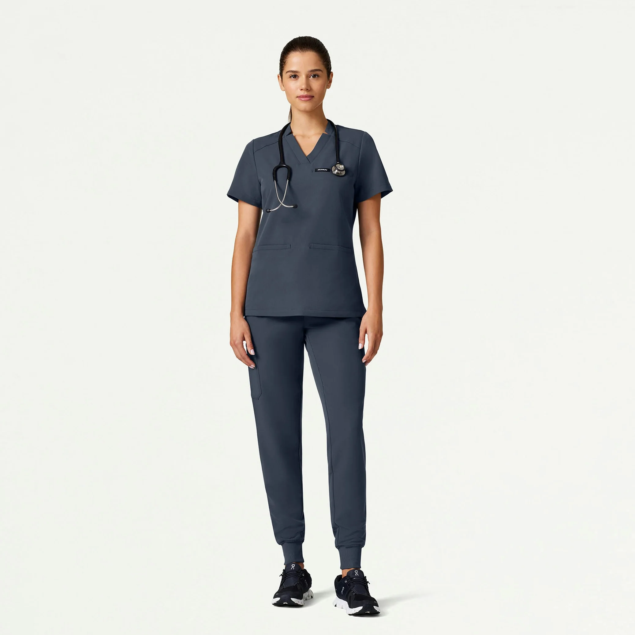 Helia Slim Notched V-Neck Scrub Top - Carbon Gray - Image 2