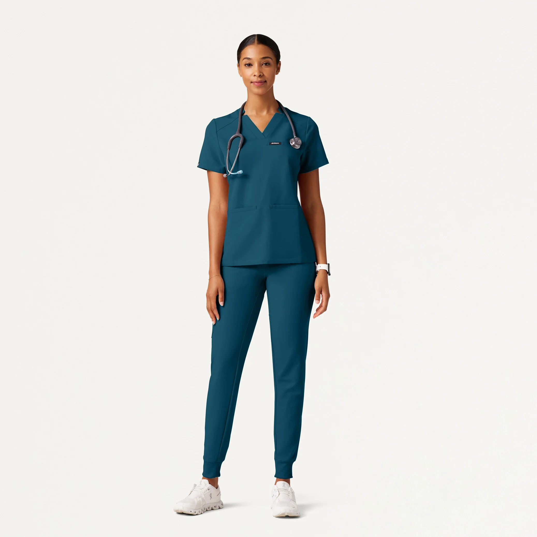 Helia Slim Notched V-Neck Scrub Top - Caribbean Blue - Image 2