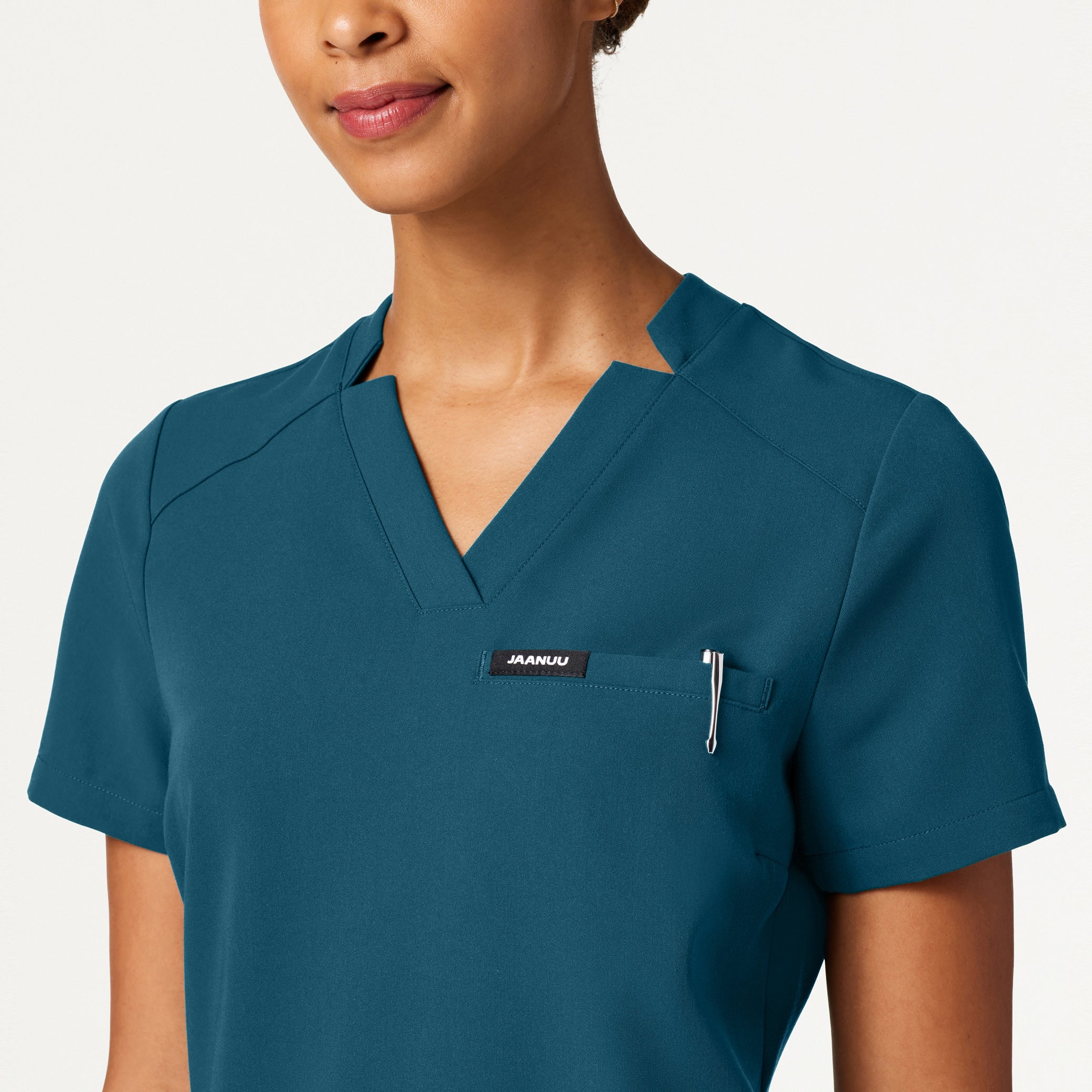 Helia Slim Notched V-Neck Scrub Top - Caribbean Blue - Image 4