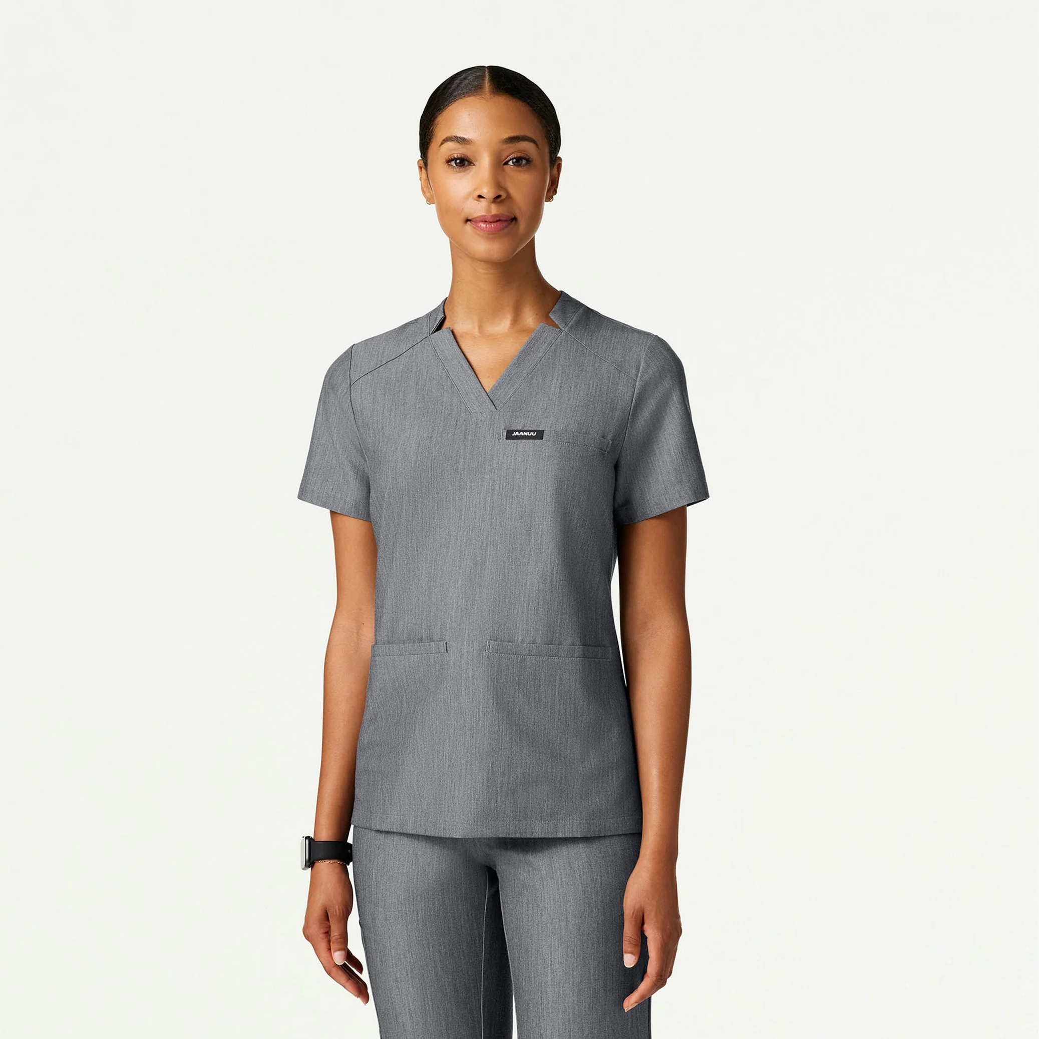 Helia Slim Notched V-Neck Scrub Top - Heather Gray