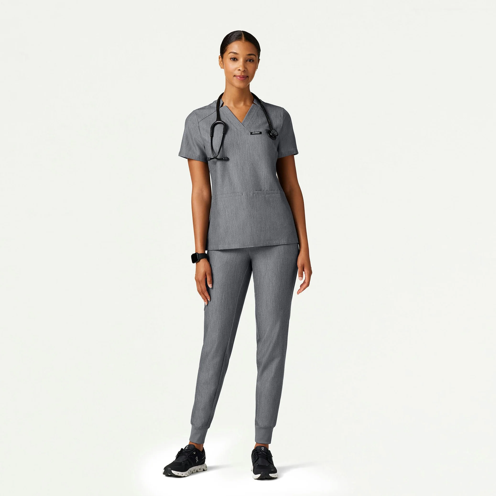 Helia Slim Notched V-Neck Scrub Top - Heather Gray - Image 2