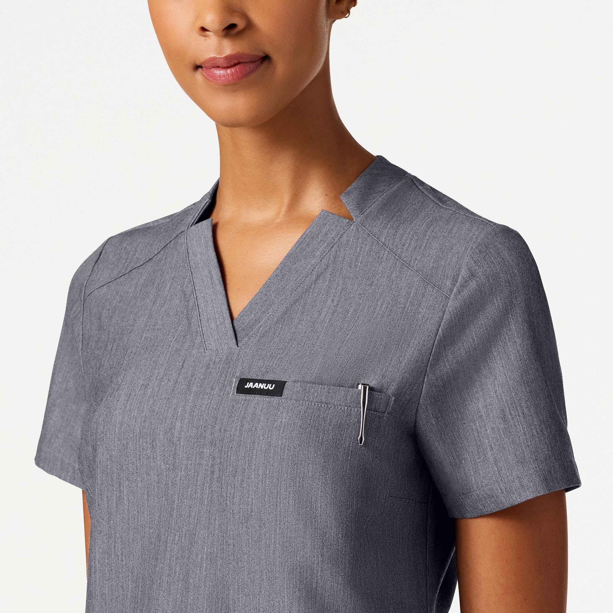 Helia Slim Notched V-Neck Scrub Top - Heather Gray - Image 4