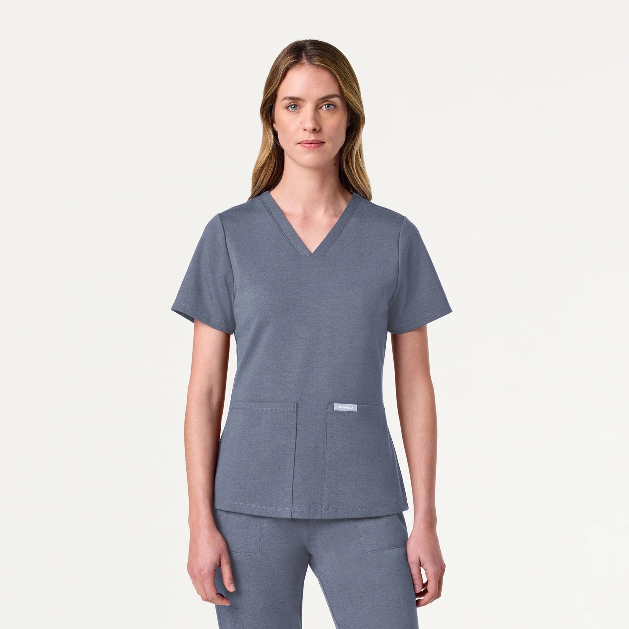 Jaanuu UltraSOFT™ Essential Comfort Women's 6-Pocket Scrub Set - Heather Slate Blue - Image 2