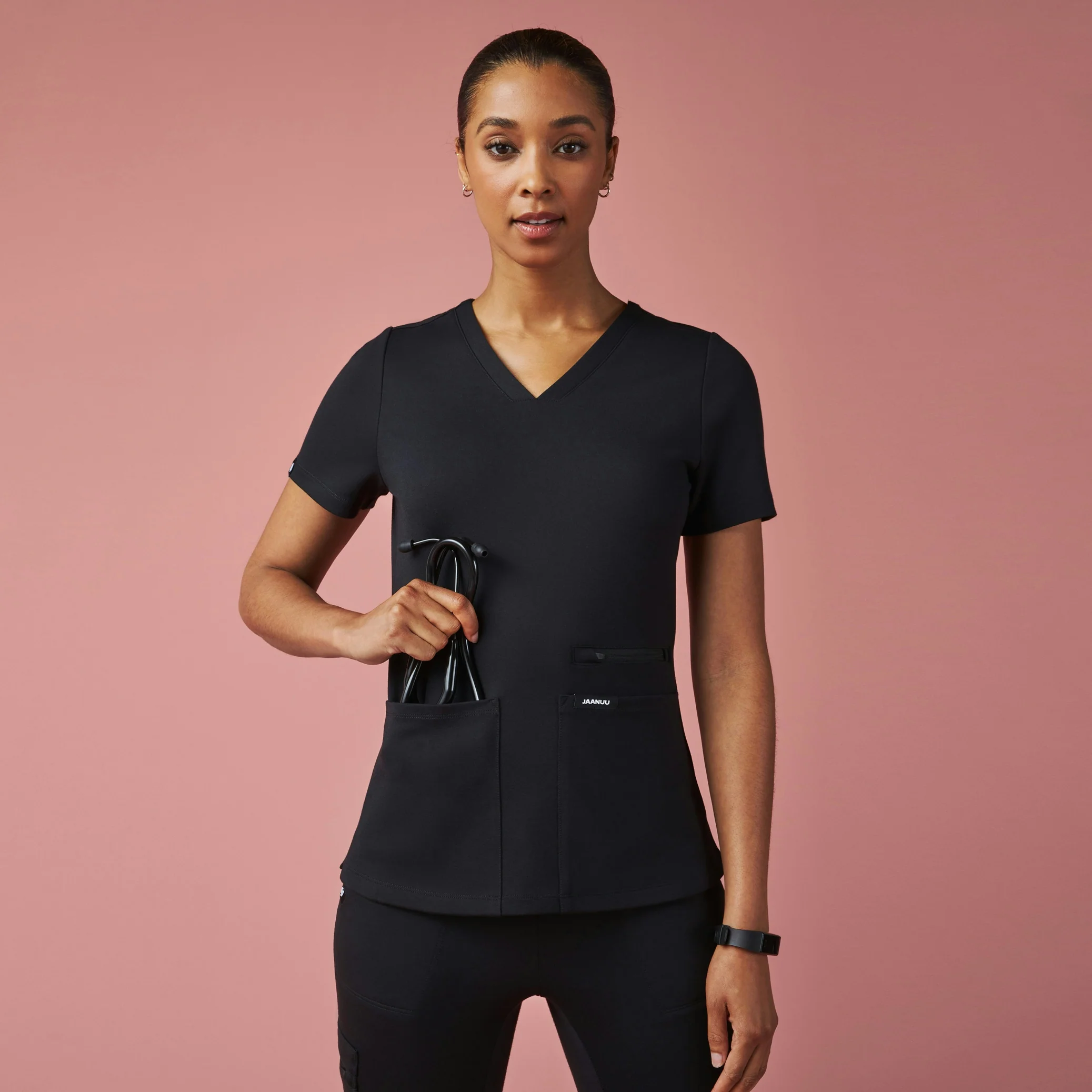 Kass Slim 4-Pocket UltraSOFT™ Scrub Top - Black - Image 2