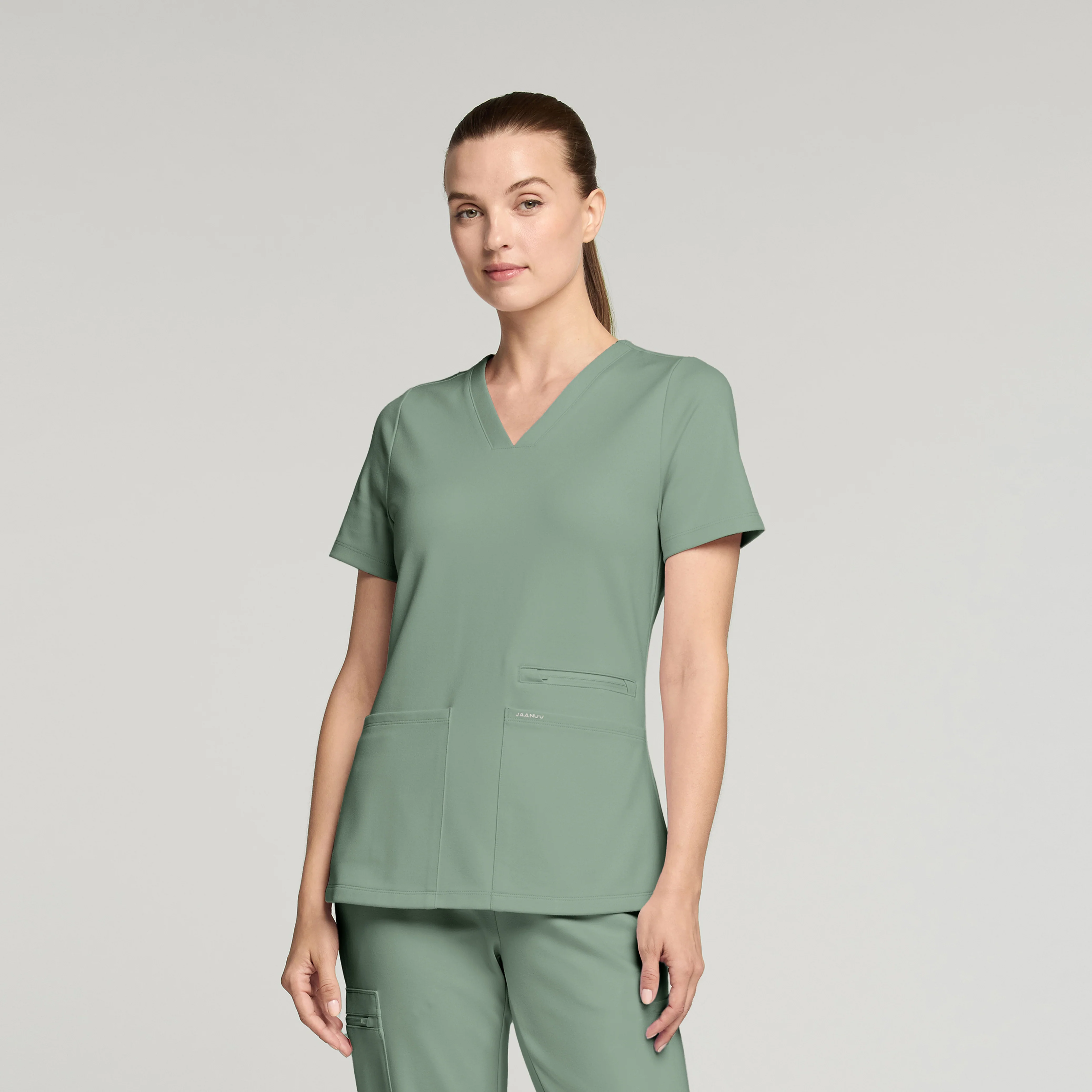 Kass Slim 4-Pocket UltraSOFT™ Scrub Top - Sage - Image 2