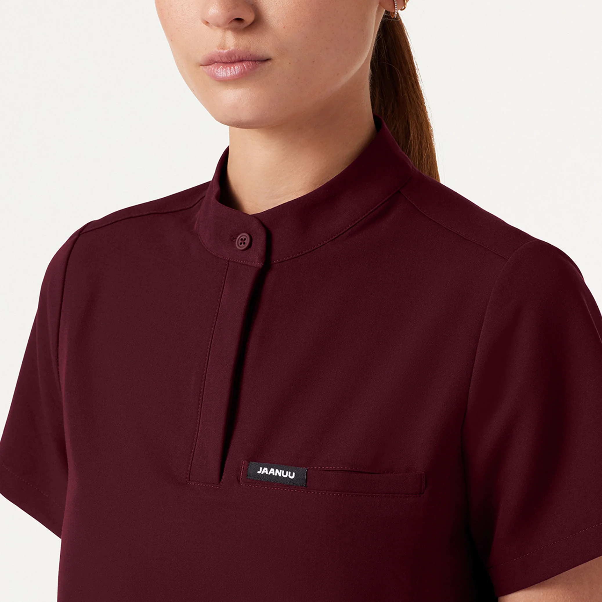 Savi Tuck-In Stand-Collar Scrub Top - Burgundy - Image 4