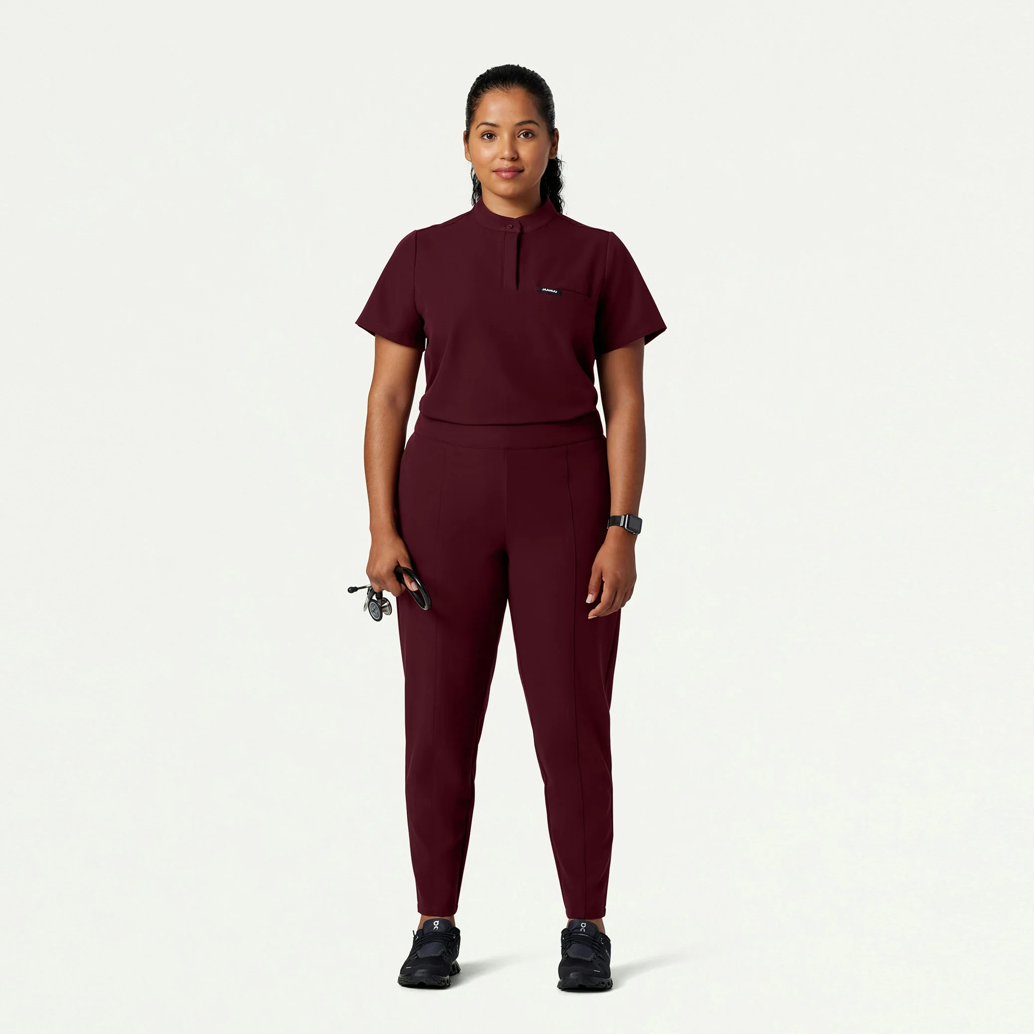 Savi Tuck-In Stand-Collar Scrub Top - Burgundy - Image 7