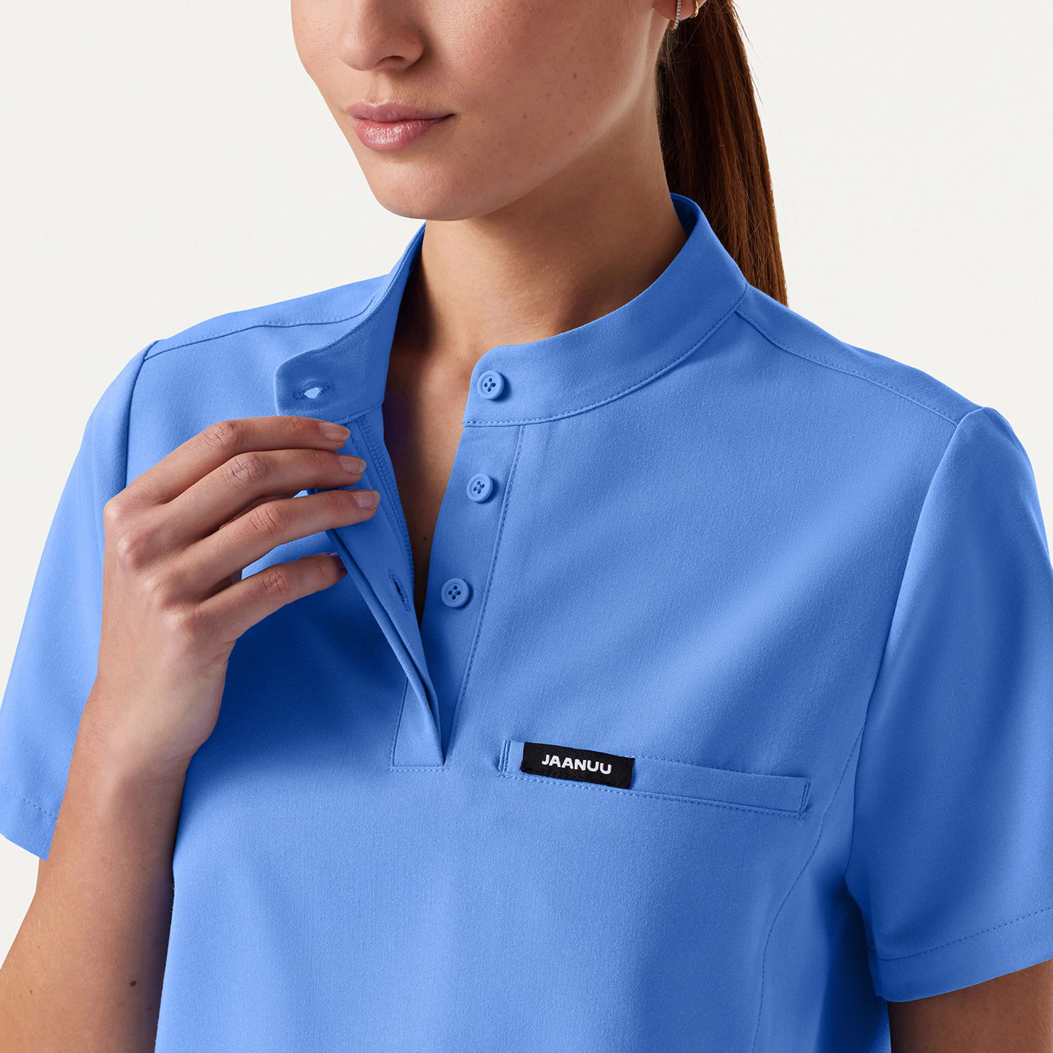 Savi Tuck-In Stand-Collar Scrub Top - Ceil Blue - Image 4