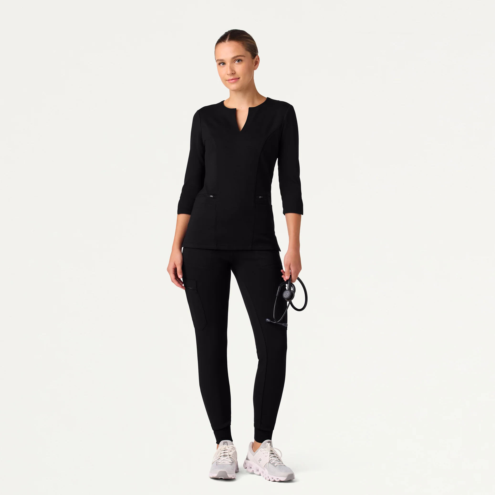 Zoe Slim 3/4-Sleeve UltraSOFT™ Scrub Top - Black - Image 2